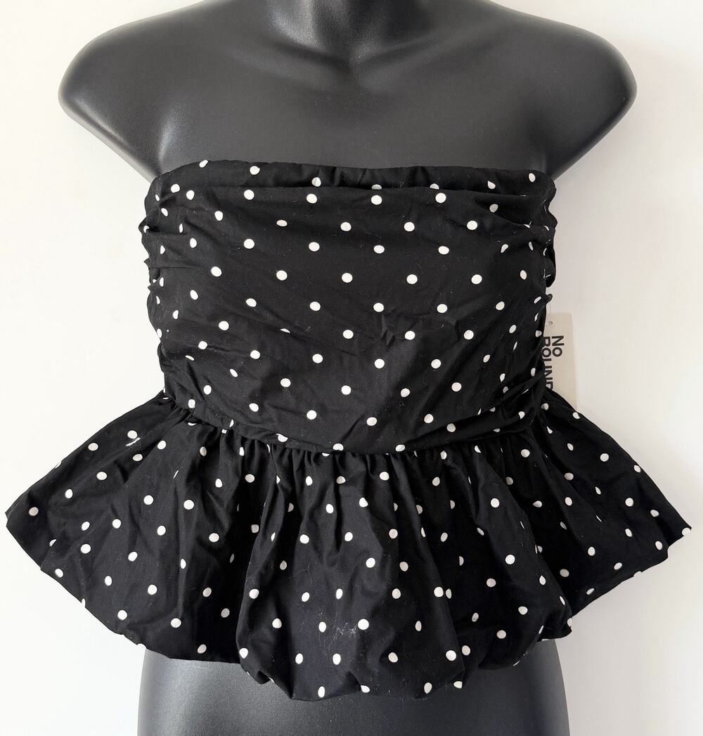 No Boundaries Womens Polka Dot Bubble Tube Top Black White Smocked Size XS